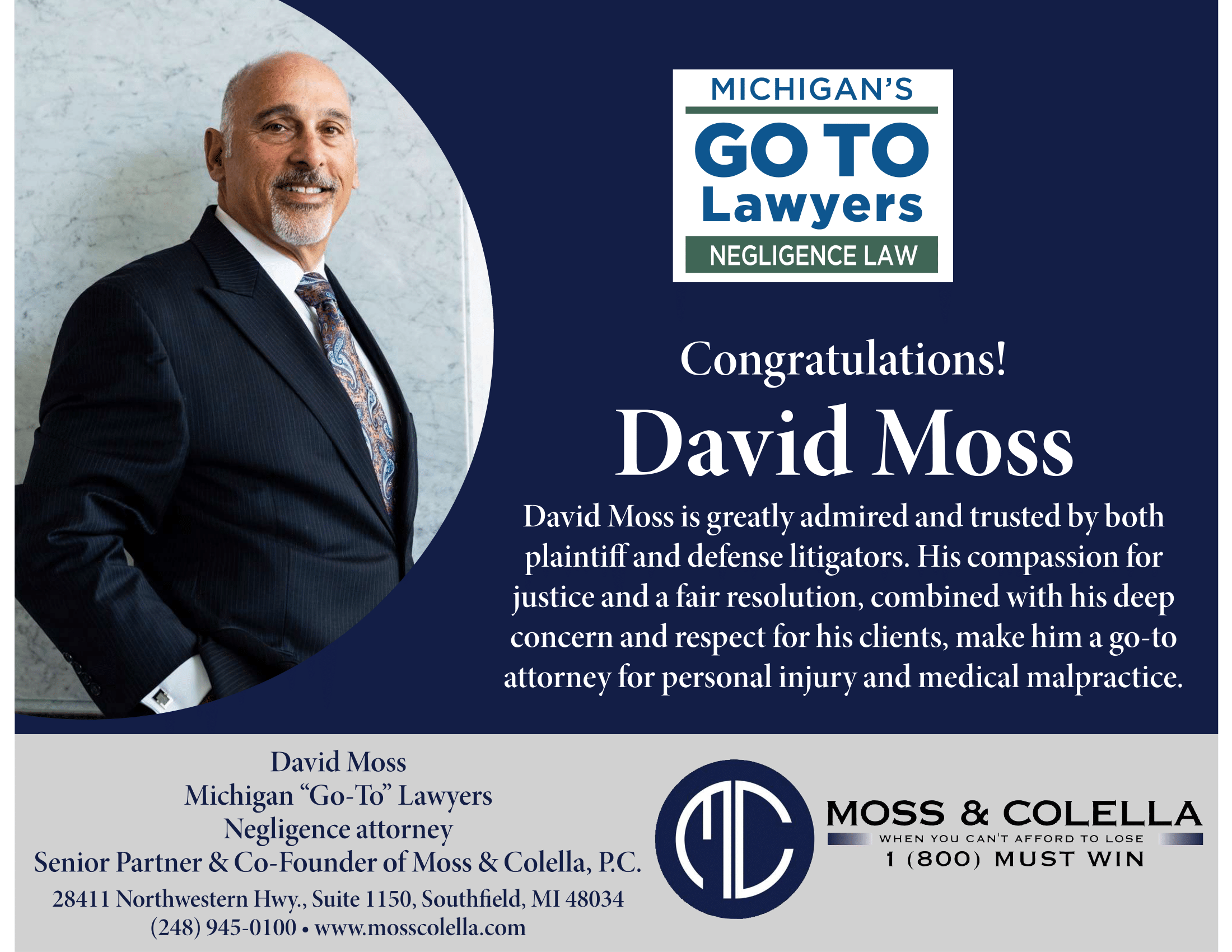David Moss Is Featured on MI Lawyers Weekly Moss & Colella